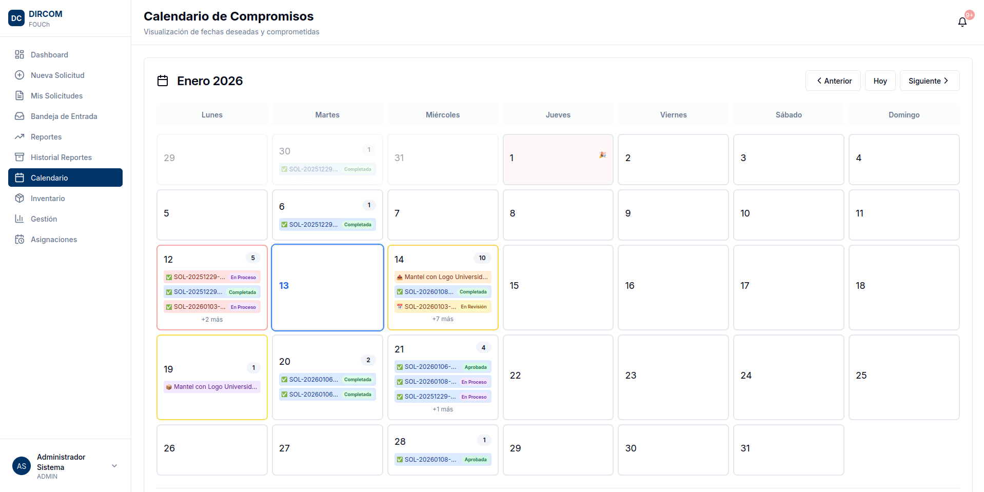 Sistema de Gestión DIRCOM - Calendario integrado
